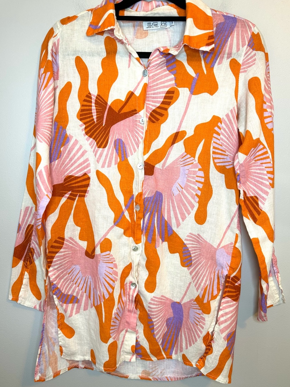 111% Lino Made in Italy Linen Blend Floral Button Down Tunic Shirt Small